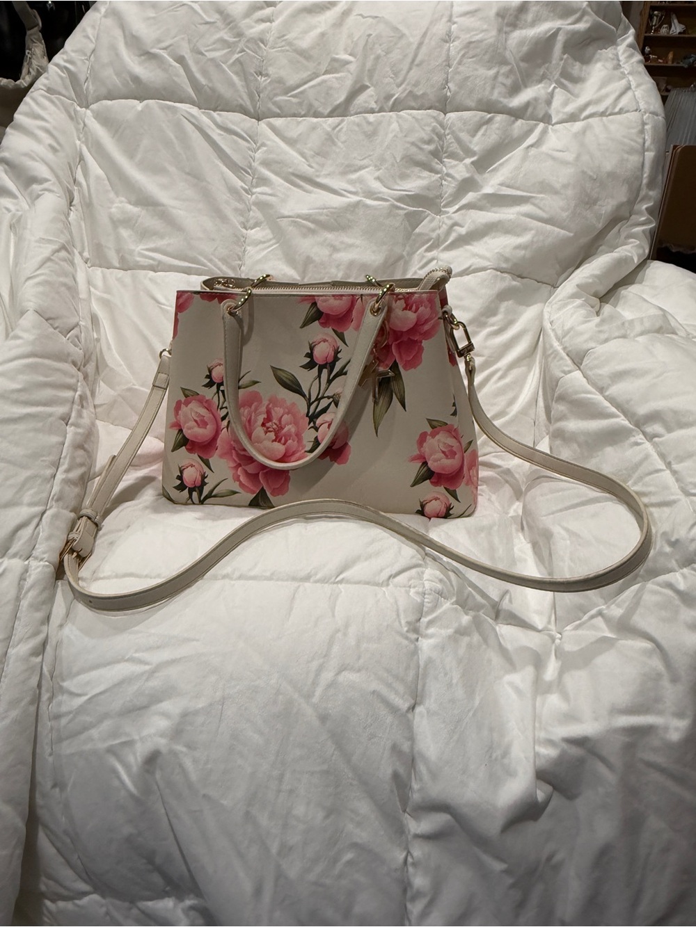 Anne Klein Cream Crossbody Satchel with Pink Floral Print